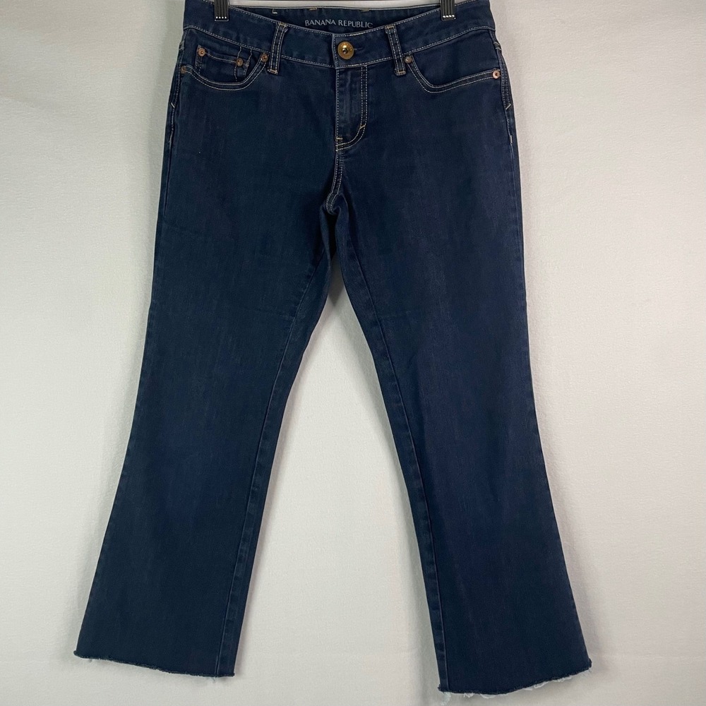 Banana‎ Republic Curvy Boot Jeans Women's Dark Wash Denim Raw Hem Size 27 EUC